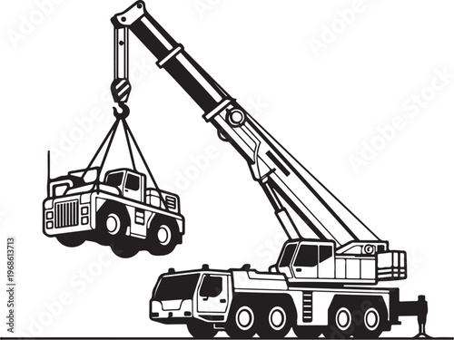 Heavy duty crane, lifting truck, industrial vehicle, construction equipment, black and white vector