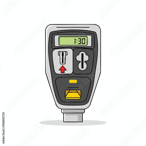 A front view of a modern parking meter with a digital display showing 130