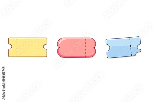 Colorful ticket designs for events and transportation created with simple shapes and clear lines