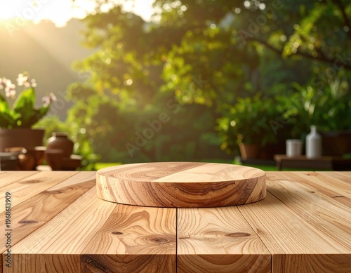 Empty Wooden Table with Natural Greenery Background.