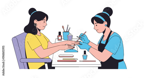 Professional Manicure Service with Nail Technician and Client Illustration