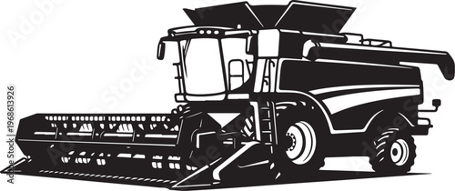 Black and white combine harvester, agricultural machinery, farming equipment, vector illustration