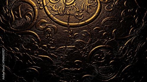 Fotografie A dark golden, heavily textured surface adorned with ornate, swirling patterns, prominently featuring a large, central circular element and profound cracks