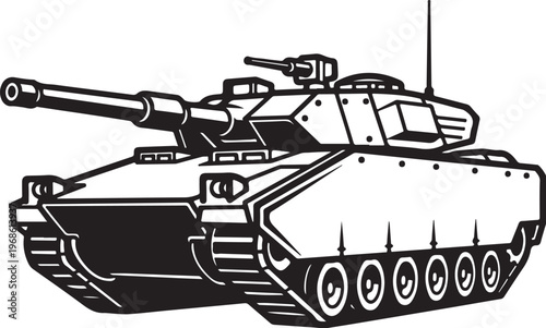 Military tank, combat vehicle, black and white illustration, vector graphics