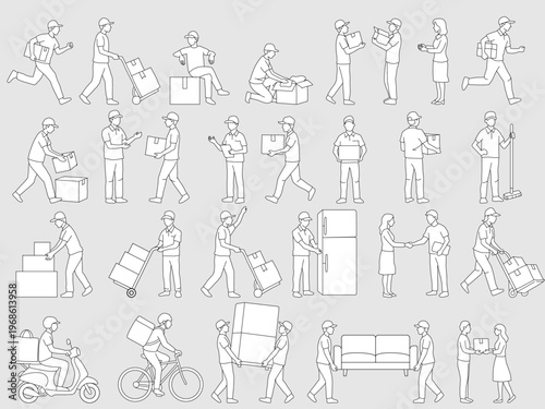 Set of line art illustrations depicting various delivery and moving services, showcasing people handling packages, furniture, and using different modes of transport.