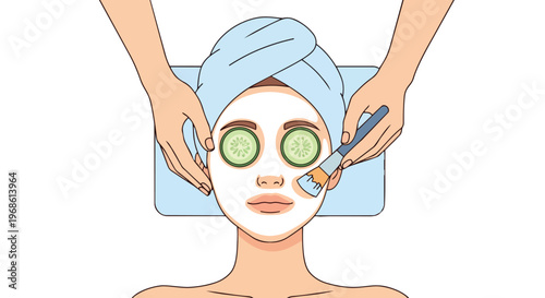 Woman Receiving Facial Treatment with Cucumber Slices and Mask Application