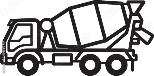 Cement mixer truck, concrete mixer vehicle, construction icon, black line art