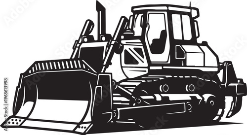 Bulldozer, construction vehicle, heavy equipment, industrial machinery, black and white vector