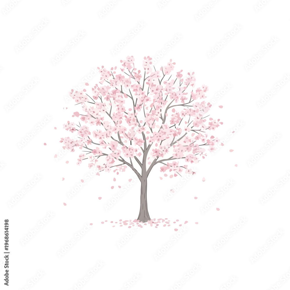Obraz premium Delicate pink cherry blossom tree illustration, embodying the ephemeral beauty of spring and natural seasonal renewal with gracefully falling petals