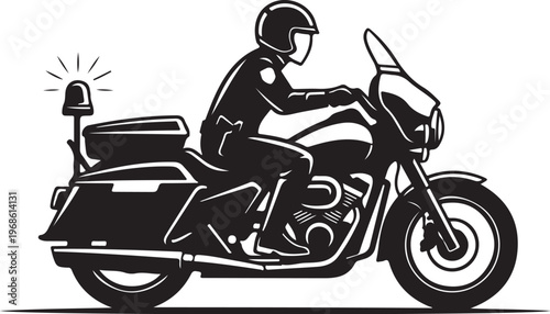 Police officer on motorcycle, law enforcement vector, black and white illustration, crime prevention