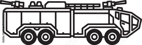 Fire truck, emergency vehicle, rescue truck, black line art, vector illustration