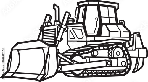 Bulldozer, construction vehicle, heavy equipment, industrial machinery, black and white vector