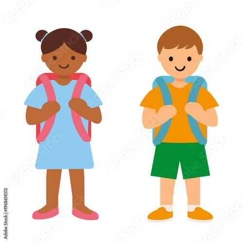 Boy and girl schoolchildren of different nationalities on a white background