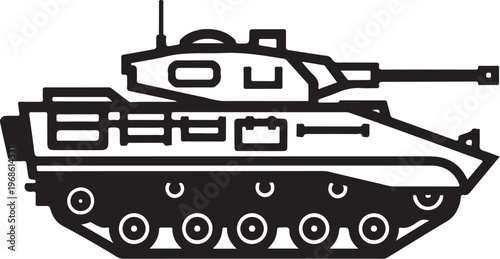 Military tank, black silhouette, armored vehicle, combat illustration, vector graphic