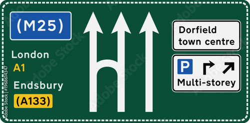 Motorway Direction Sign for M25 London A1 and Endsbury A133 with Lane Guidance, Parking Information, and Town Centre Directions for Traffic Navigation Design