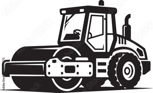 Road roller, construction vehicle, heavy equipment, black and white vector