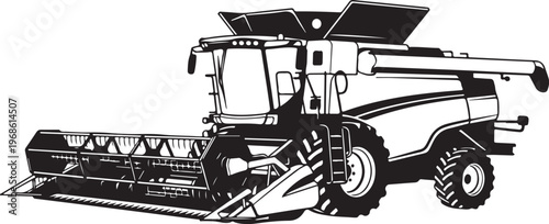 Combine Harvester, Agricultural Tractor, Farm Equipment, Vector Illustration, Black and White