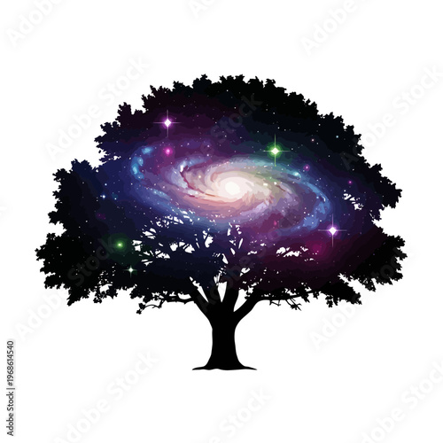 A cosmic tree silhouette, a spiral galaxy within its branches, representing knowledge, growth, and the universe's vastness