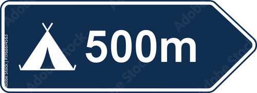 Camping Site Direction Sign with Tent Icon and 500m Distance in Blue for Travel Navigation, Tourism Guidance, and Outdoor Recreation Design