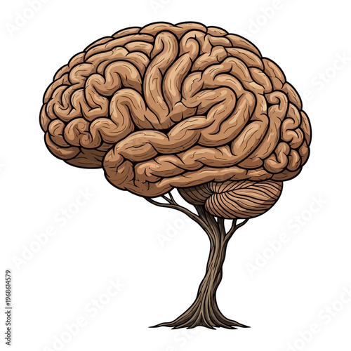 Intricate digital artwork of a human brain with a tree trunk and roots, symbolizing profound intellectual growth, organic thought, and the deep connection between natural wisdom and the human mind