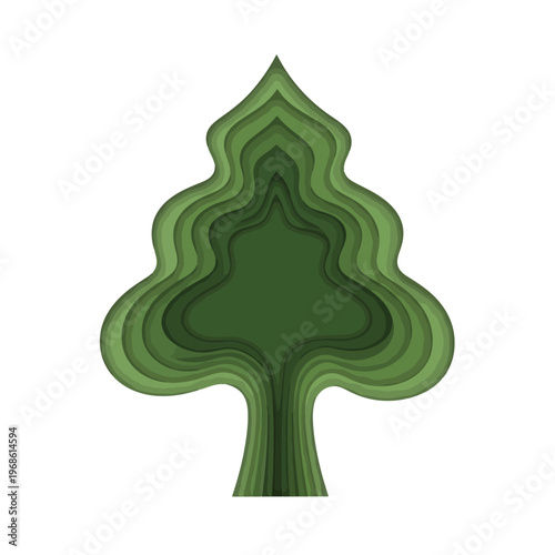 Stylized layered paper cut tree illustration with various green shades, depicting nature's depth and organic form, perfect for eco-friendly designs and environmental concepts