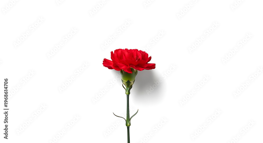 Fototapeta premium Single red carnation flower on a white background minimalist botanical study