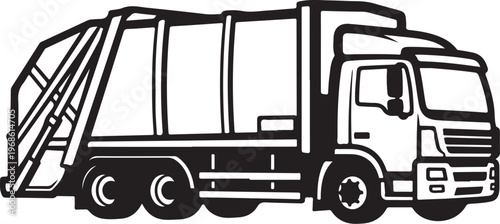 Garbage truck, waste management vehicle, sanitation truck, black and white illustration, vector graphic
