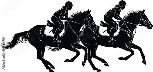 Silhouette of two riders on horseback, galloping, ideal for equestrian sports and outdoor adventure designs.