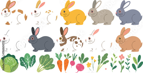 Cartoon cute spring rabbits and hares with flowers and vegetables, bunny characters jumping, sitting and sleeping vector illustration set
