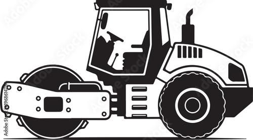 Road roller, construction vehicle, heavy equipment, industrial machine, black and white vector