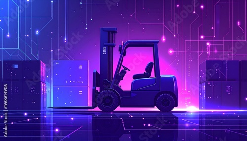 Futuristic Forklift in a Neon-Lit Warehouse Environment.
