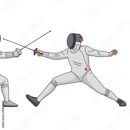 Fencing duel, two athletes in protective gear sparring with swords on white background.
