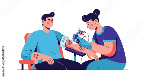 Tattoo Artist Working on a Client Arm in a Modern Studio Illustration