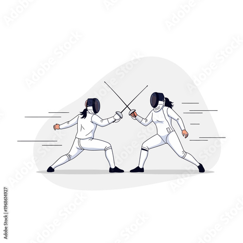 Two female fencers dueling with swords in protective gear, action illustration