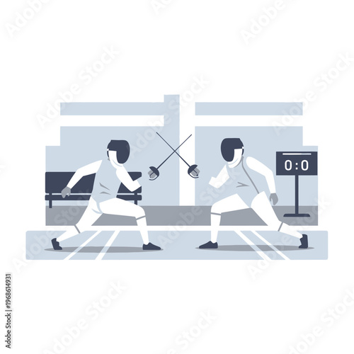 Two Fencers Competing in a Modern Arena with Scoreboard