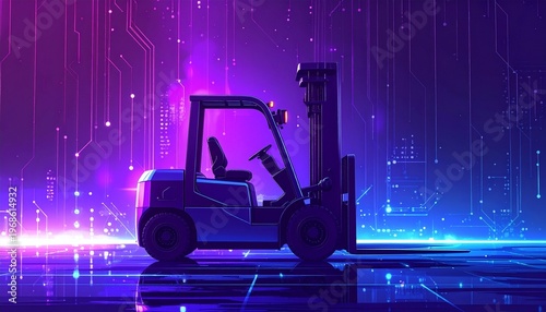 Futuristic Forklift Truck in Neon Cyberpunk Style.