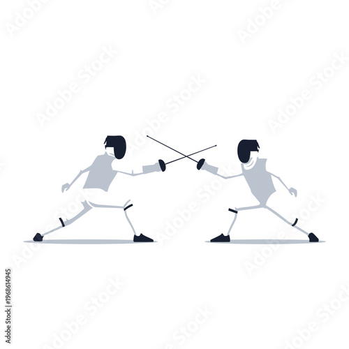 Two Fencers in Combat, Sword Fighting Duel, Sports Competition, Silhouette Style