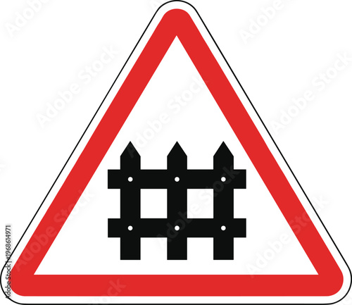Fotografie Railway Level Crossing Warning Sign with Barrier Symbol in Red Triangle for Traf