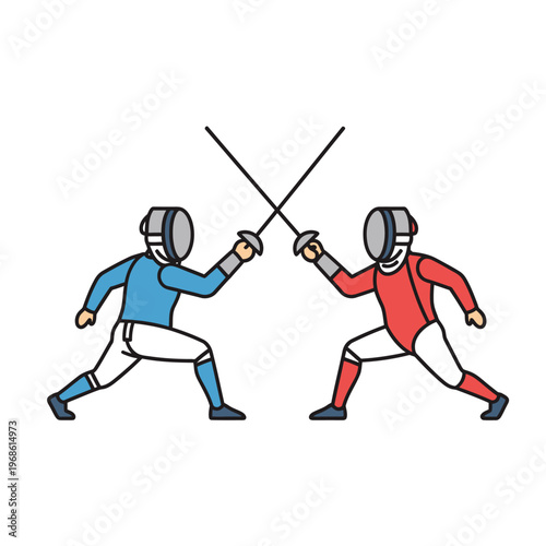 Two Fencers in Blue and Red Uniforms Sparring with Swords on White Background