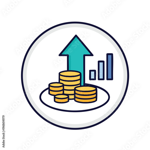 Growing coins and chart bars within a circular frame