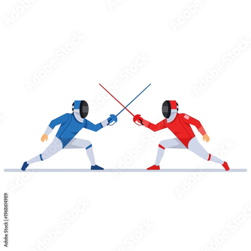 Two Fencers in Red and Blue Combat Uniforms with Swords Clashing