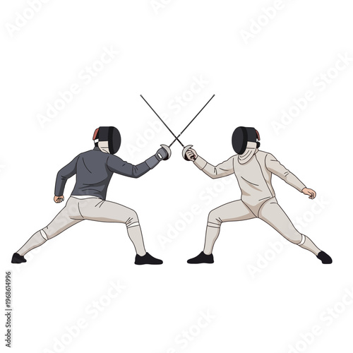 Two Fencers in Protective Gear Duel with Swords on White Background
