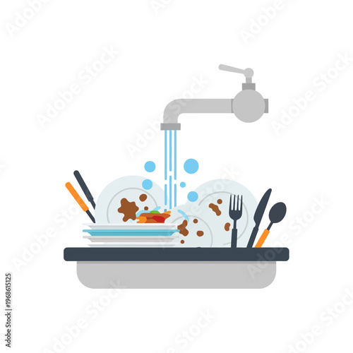 Dirty dishes and cutlery being washed under running water in a sink with bubbles