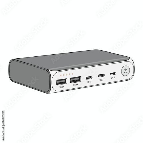Rectangular gray power bank with multiple ports and indicator lights