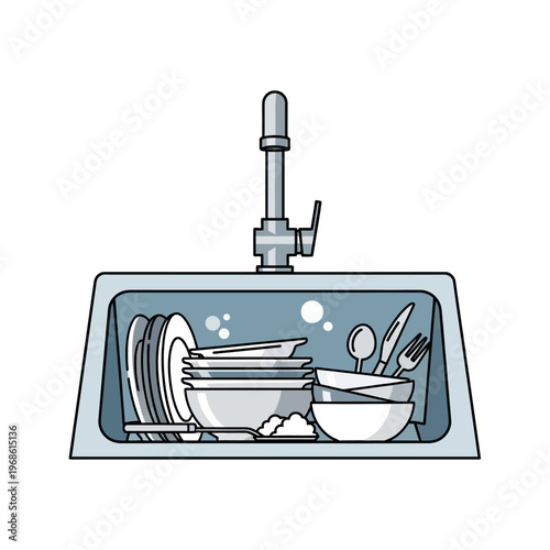 Dirty dishes piled in kitchen sink, awaiting washing, illustration
