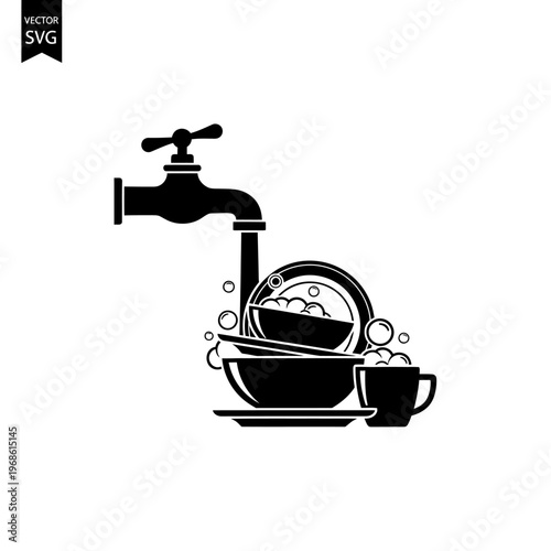 Dirty dishes under running water from faucet, clean kitchen sink concept