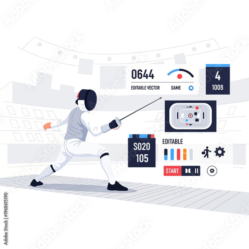 Fencer in action on stadium background with digital scoreboard and interface