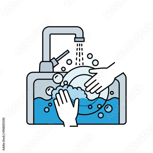 Hands washing dishes in sink with running water and soap bubbles, illustration