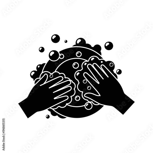 Hands washing dirty plate with sponge and soap bubbles, black and white icon
