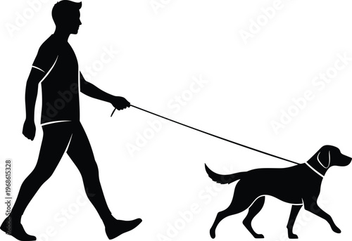 Silhouette of a man walking a dog on a leash, perfect for pet care and lifestyle designs.
